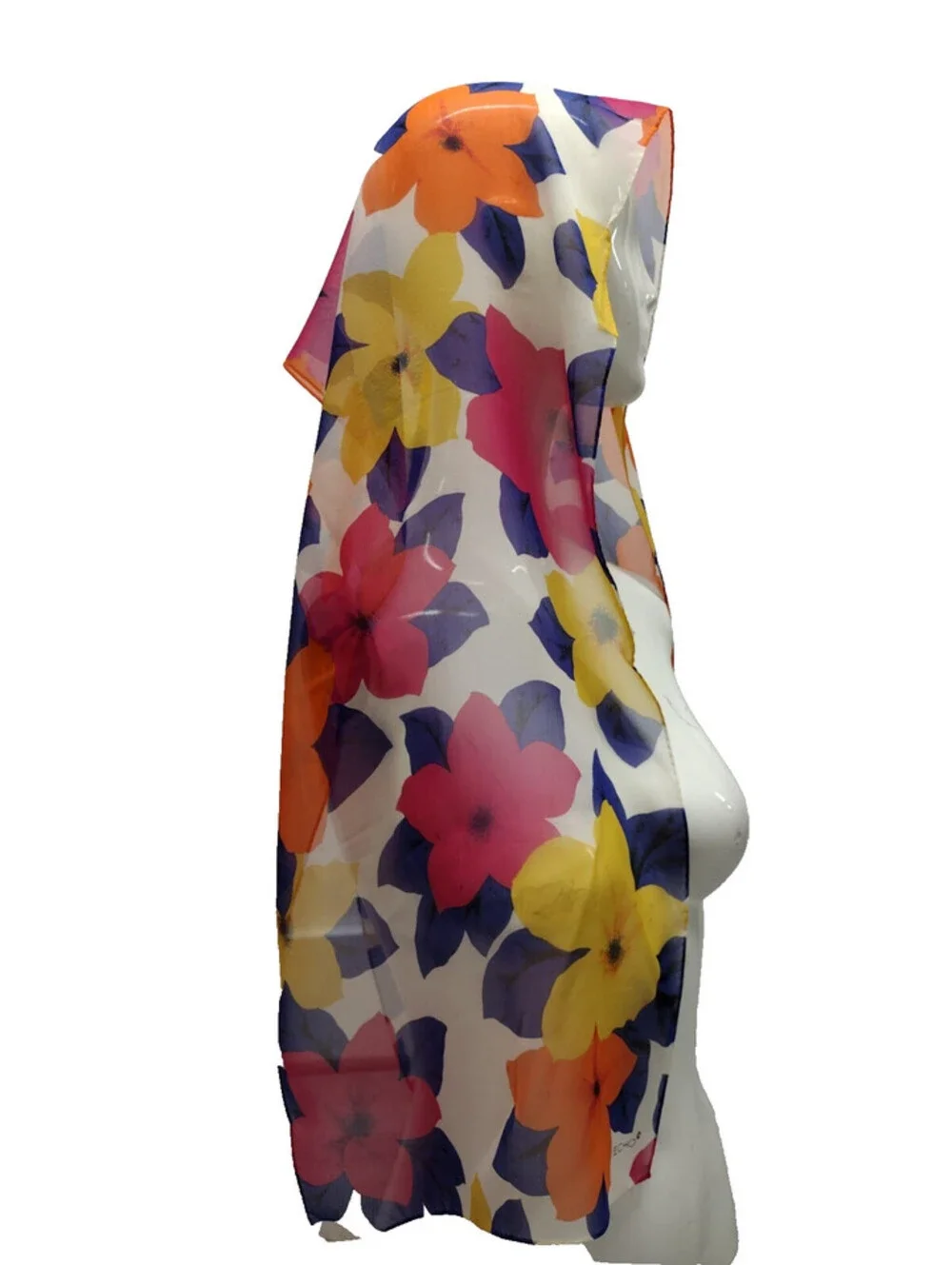 Vintage Echo Chiffon Silk Long Scarf Orange Hawaiian Flowers Tropical Multicolor